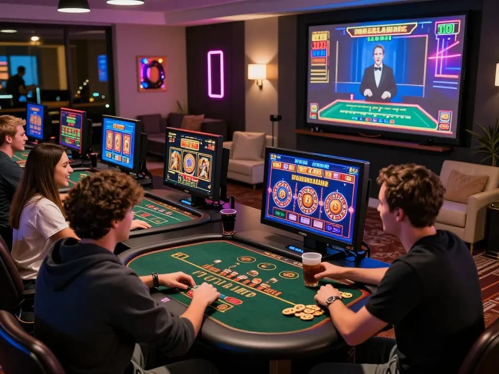 MM88 online casino vibrant gaming scene with players enjoying slots and roulette.