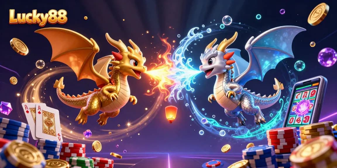 Experience the dynamic action of Lucky88, where fiery dragons and vibrant casino elements come alive.