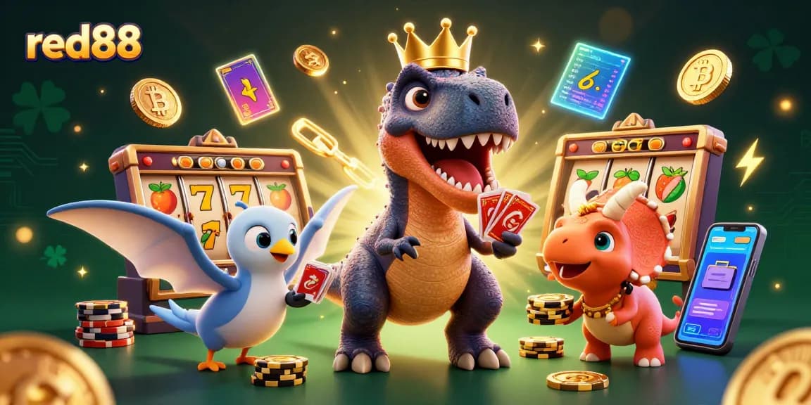 Spin the reels with red88 in a vibrant casino scene featuring cartoon dinosaurs and crypto elements.