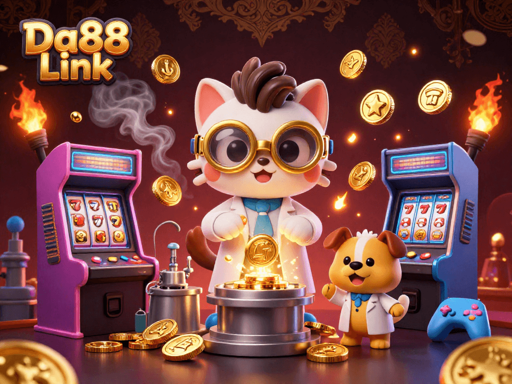 Explore exciting winning strategies with Da88 Link in a lively casino atmosphere, featuring 3D cartoon characters.