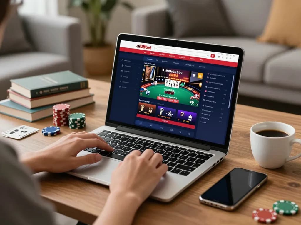 Engaging player enjoying ai88bet's online gaming environment at home with strategic poker betting.