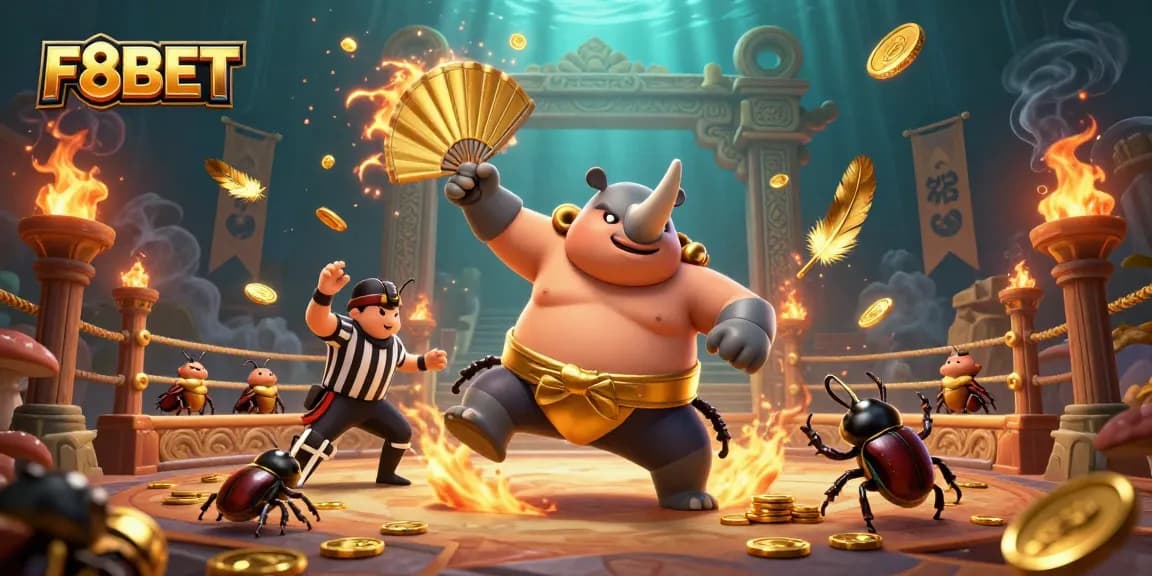 Experience thrilling casino action at F8BET with vibrant beetle champions and gold coins flying.