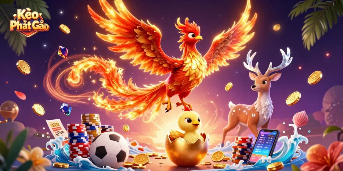 Kèo Phạt Góc showcases a dynamic sports betting scene with vibrant casino elements and lively characters.