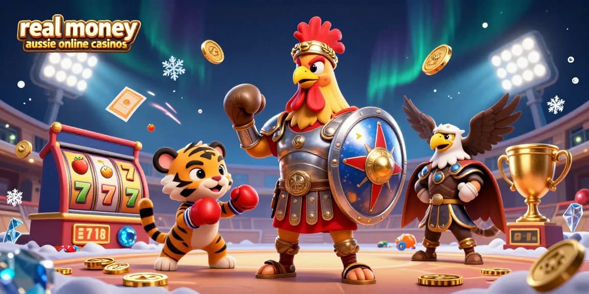 A dynamic illustration showcasing real money aussie online casinos with a gladiator rooster and a tiger cub surrounded by vibrant gaming elements.