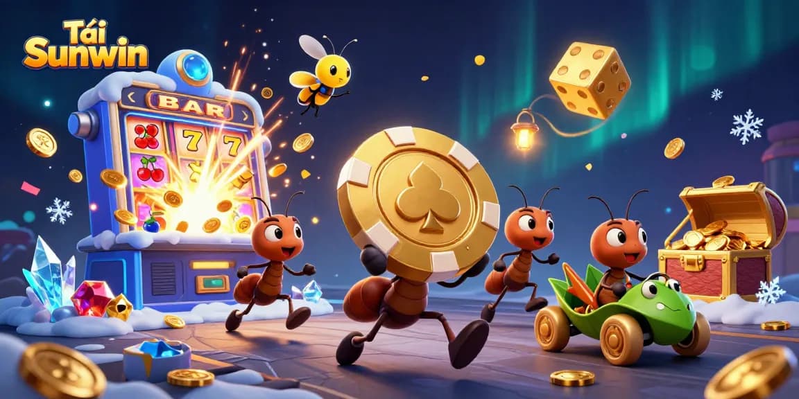 Tải Sunwin as ants carry a giant poker chip in a heist, surrounded by casino elements.