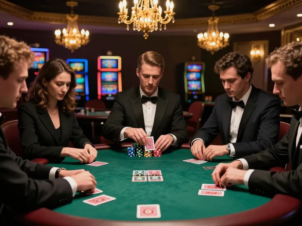 Players engaging in strategic gameplay at a casino poker table, showcasing gamebaidoithuong8's thrilling environment.