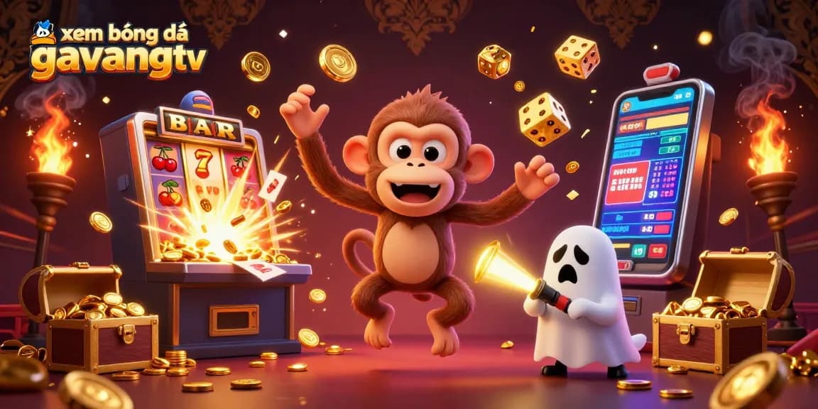 Engage with xem bóng đá gavangtv in an exciting 3D sports betting illustration showing a poltergeist monkey and ghost-hunter puppy.
