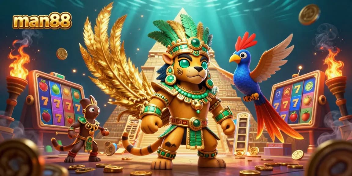 man88 captivates players with dynamic 3D casino illustration showcasing a jaguar priest and vibrant slot elements.