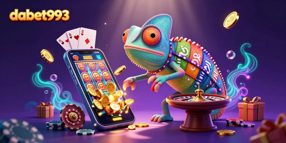 Dabet993 showcases vibrant casino entertainment with a colorful chameleon owner and dynamic game elements.