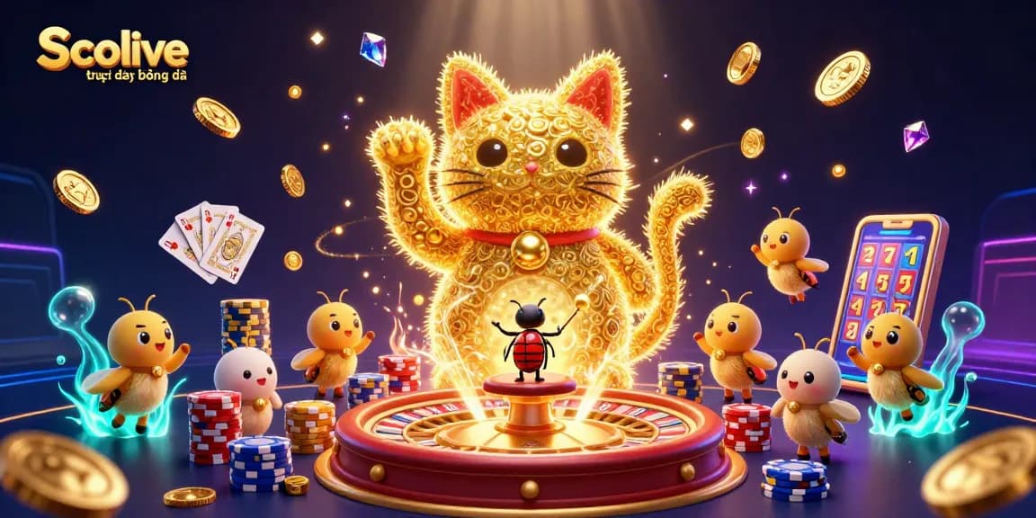 Experience Socolive trực tiếp bóng đá with a vibrant scene featuring a lucky cat, golden coins, and exciting casino elements.