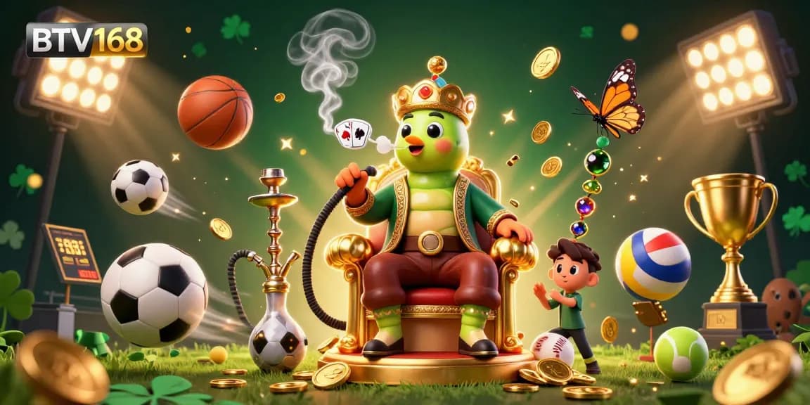 BTV168 captivates with a vibrant 3D sports betting scene featuring a whimsical caterpillar and dynamic game elements.