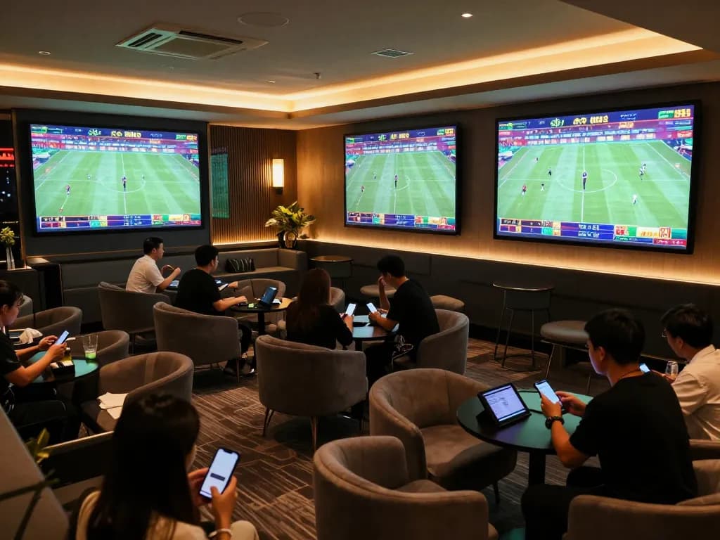 Patrons placing bets on kèo nhà cái 88 at a vibrant sports betting lounge, showcasing excitement.