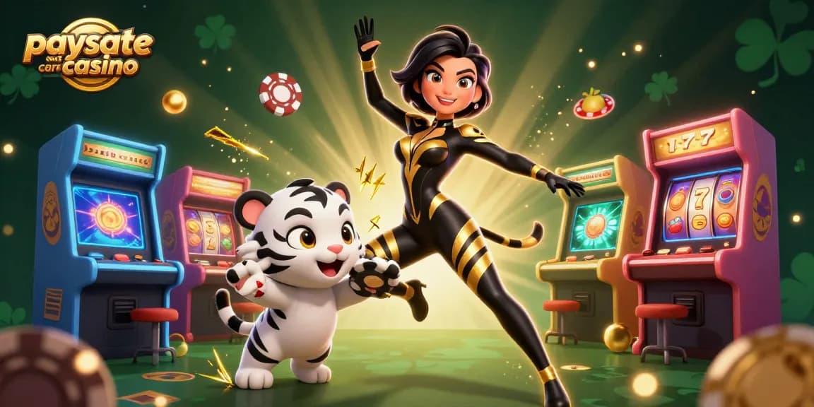 Erleben Sie actionreiche Spannung in einem Paysafe Card Casino mit einer 3D-Frau und einem verspielten Babytiger mitten in lebhaften Spielen.