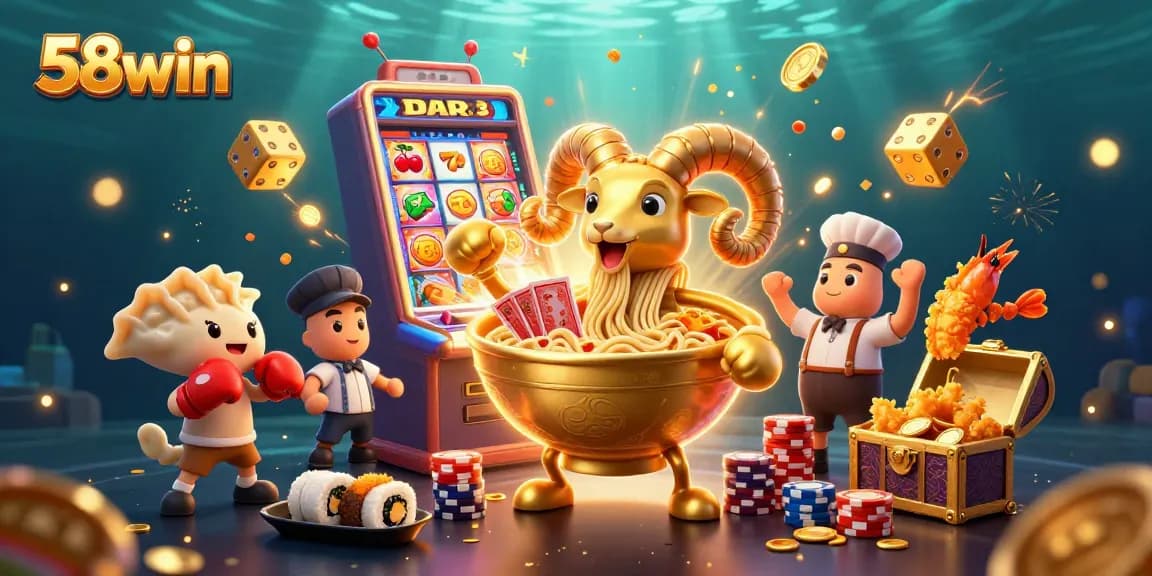 58win's vibrant casino scene with giant ramen bowl dealer and dynamic game elements