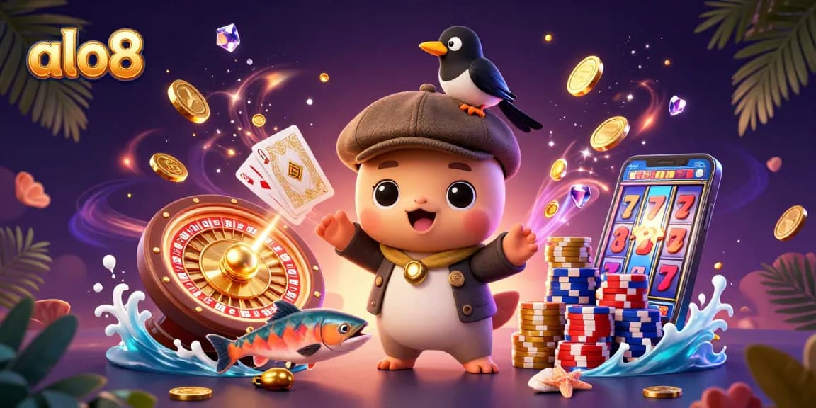 Bet on alo8's exciting 3D illustration featuring casino games and playful characters.