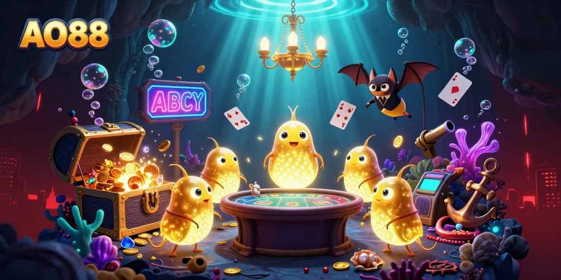 Engage with AO88's vibrant cave casino featuring glowworms and a bat dealer amidst treasures and bubbles