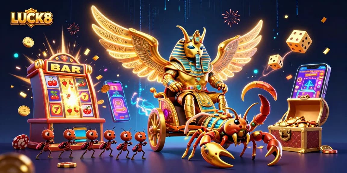 Spin the reels at LUCK8 with vibrant characters in an energetic casino scene.