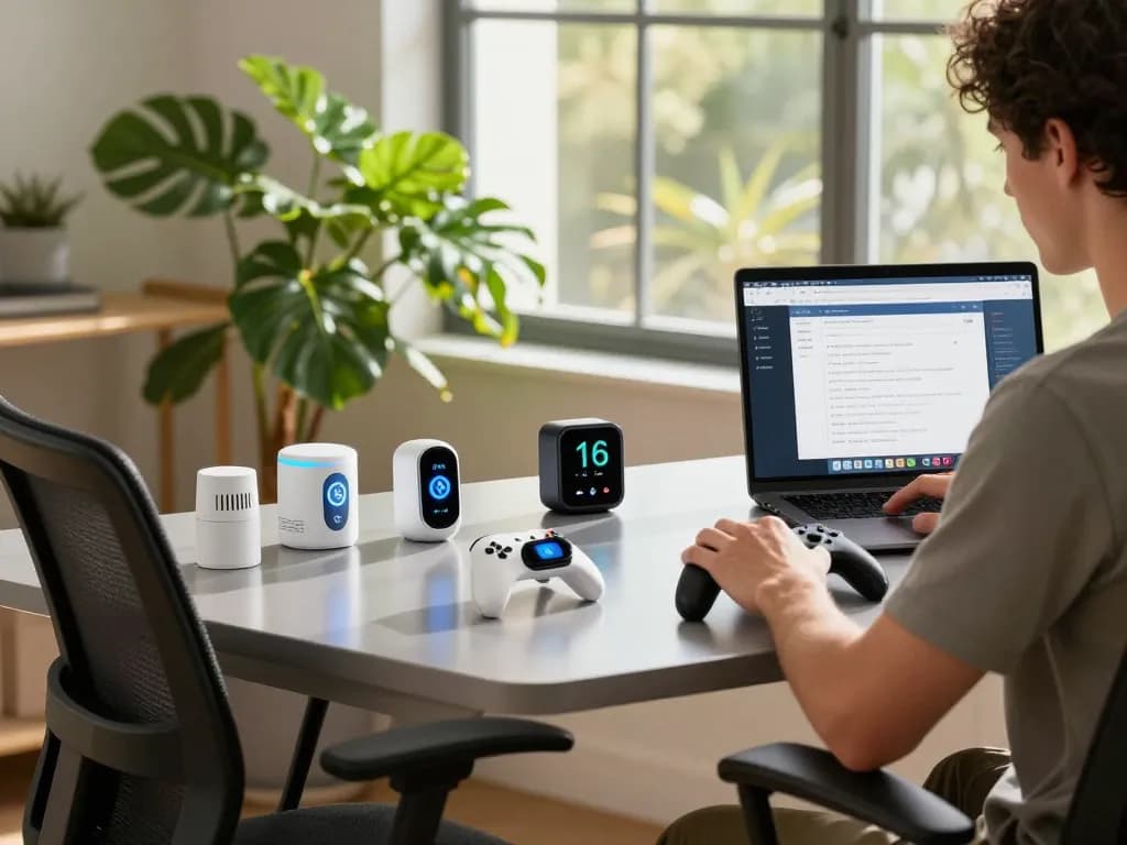 Experimenting with must have tech gadgets in a bright modern workspace.