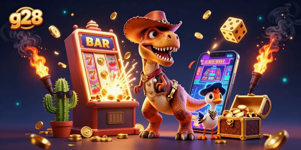 Experience the thrill of g28 slots with a cartoon cowboy dinosaur winning big among dynamic casino elements.