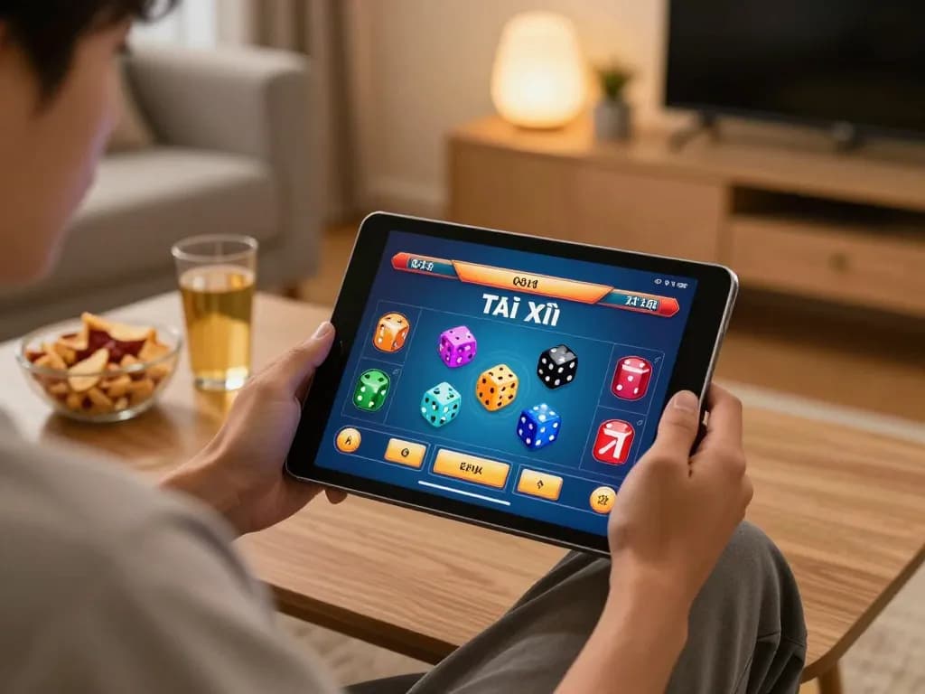 Tài xỉu online gameplay on a tablet in a cozy home setting with vibrant dice visuals