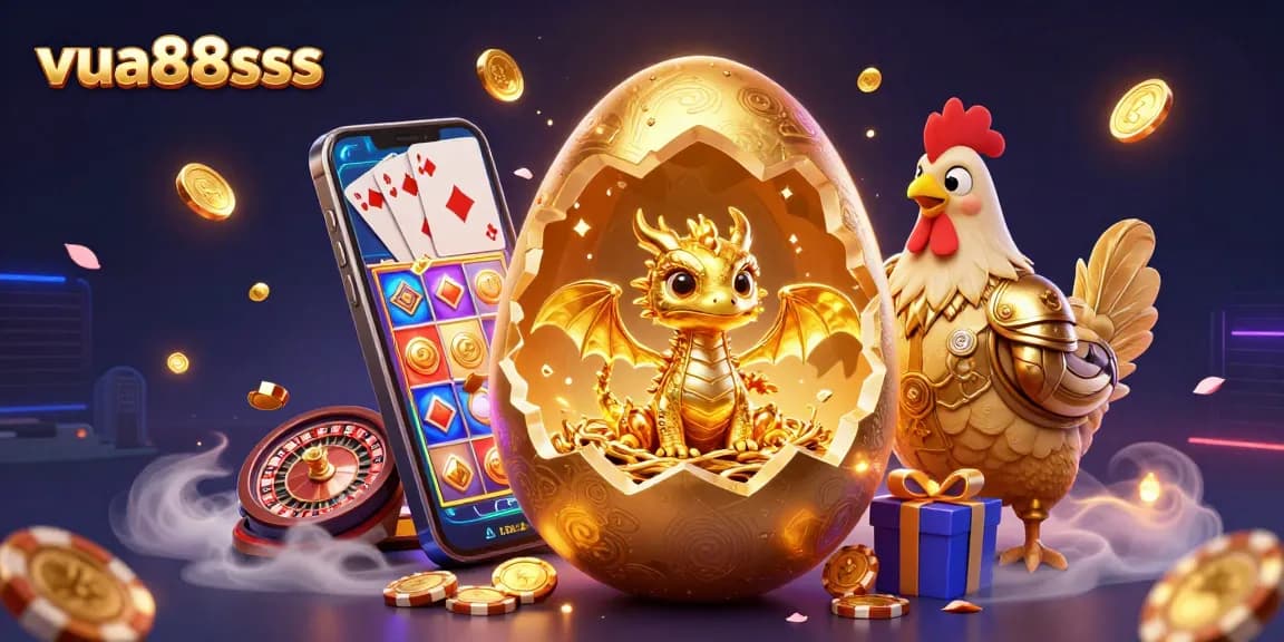 Win big with vua88sss as a golden dragon emerges from a treasure of poker chips in this 3D illustration.