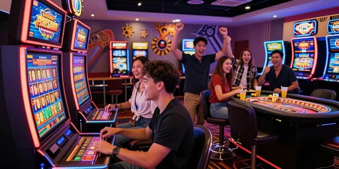 Aufregende Szene in einem Paysafe Card Casino mit Spielern, die Spielautomaten und Roulette genießen und die lebhafte Atmosphäre einfangen.