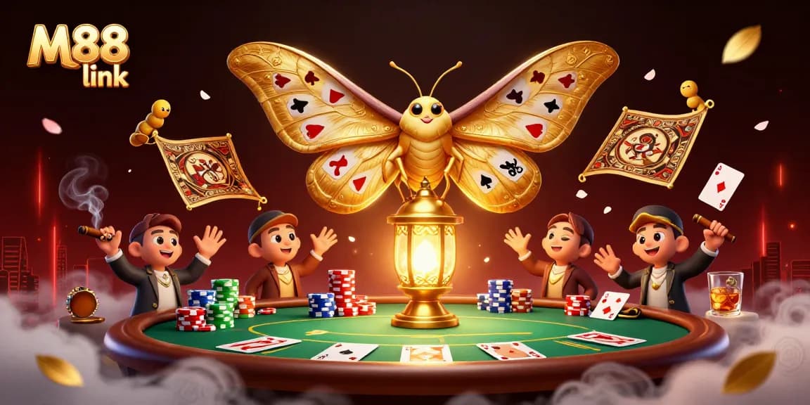 Catch the thrill of M88 link with a vibrant 3D casino illustration featuring poker elements and an enchanting atmosphere.