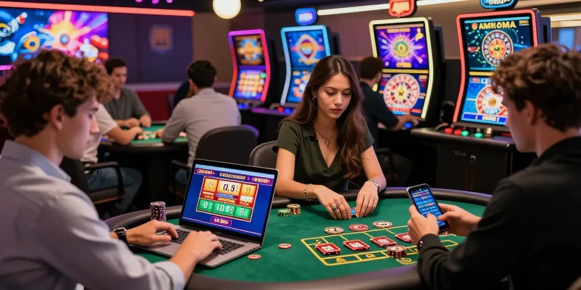Giocatori che esplorano opzioni emozionanti di casino non AAMS su laptop e smartphone in un vivace casino virtuale.