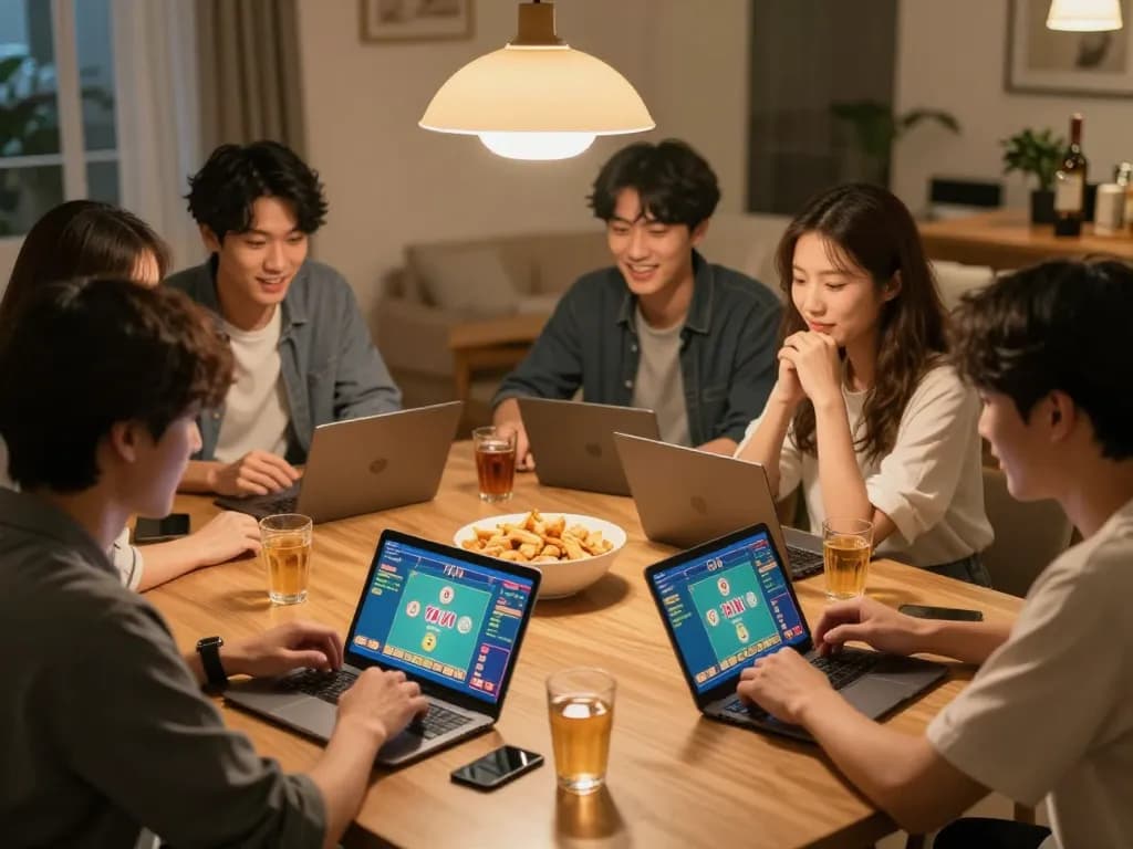 A group of friends playing Tài Xỉu online at home, enhancing the experience with teamwork and strategy.