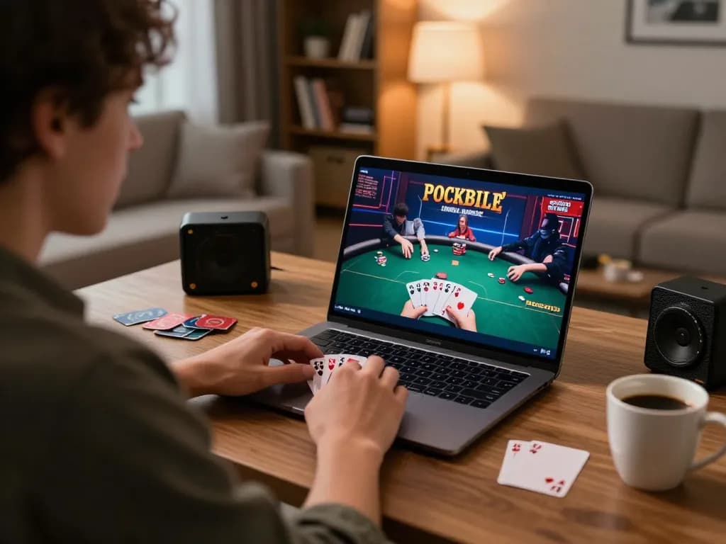 rokok88 daftar online poker gameplay showing player engaged on laptop in cozy setting