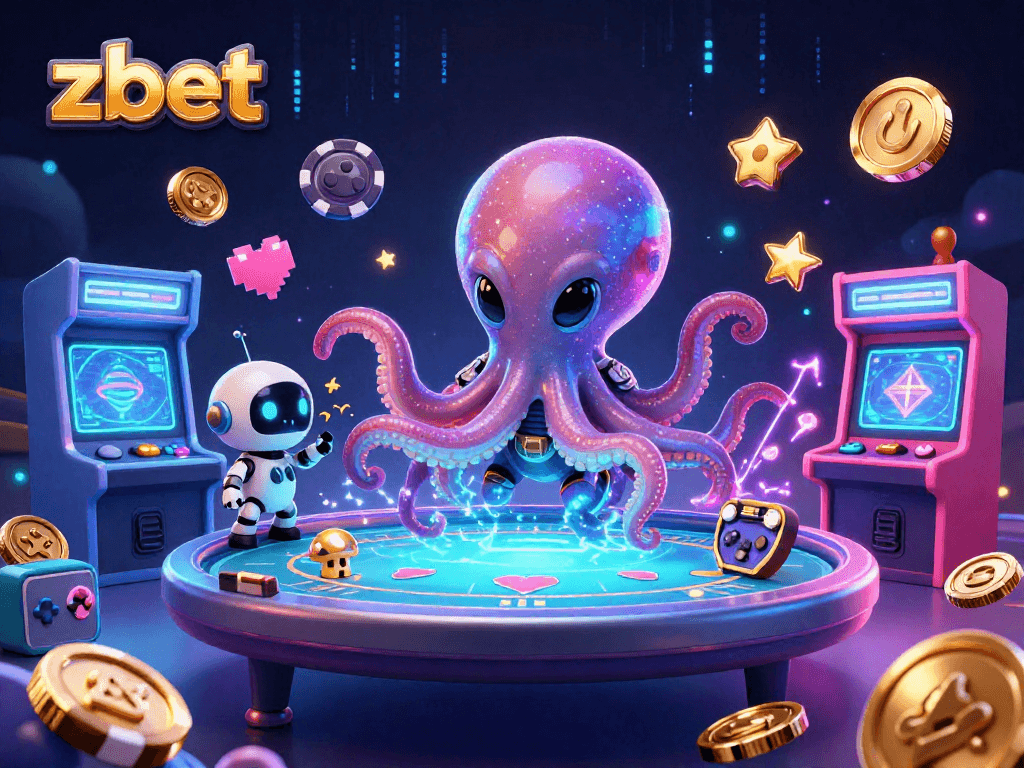 Experience thrilling gameplay at zbet with an alien octopus running a futuristic poker table amid colorful casino elements.