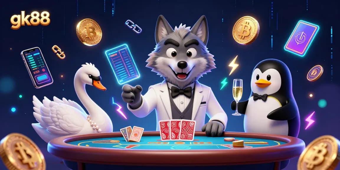 Engage in thrilling baccarat action with gk88's vibrant casino scene showcasing animated characters and crypto elements.