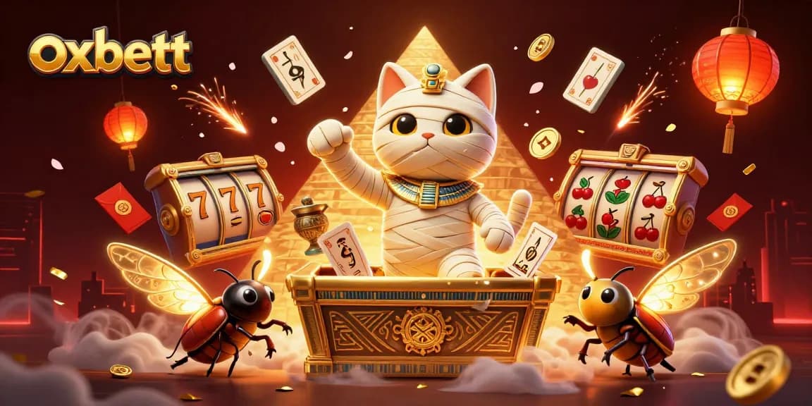 Win big with Oxbett in a vibrant casino scene featuring an Egyptian mummy cat and golden treasures.
