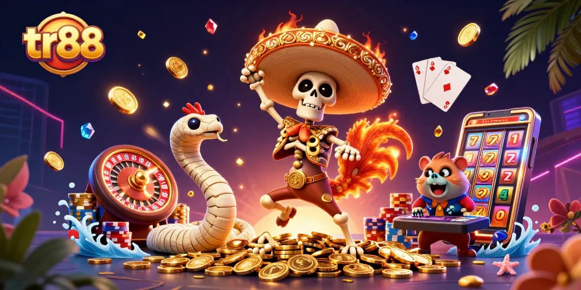 tr88 brings excitement to life with a vibrant casino illustration featuring dynamic characters celebrating wins.
