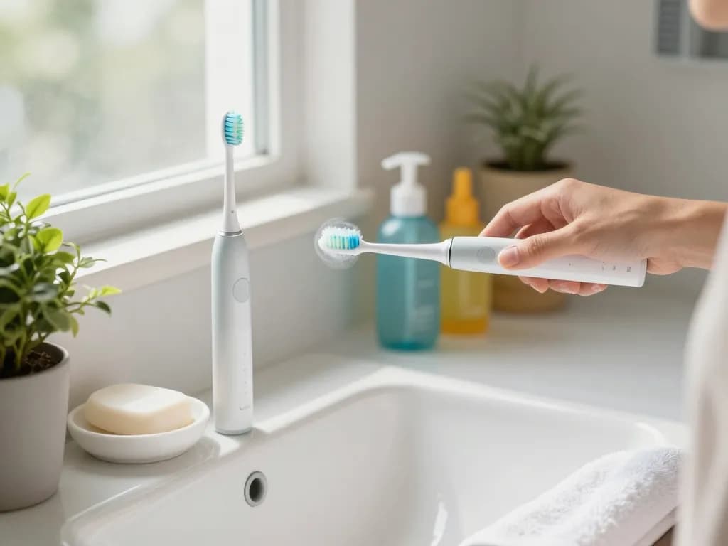 Person using the Laifen electric toothbrush in a bright bathroom, highlighting effective oral care.
