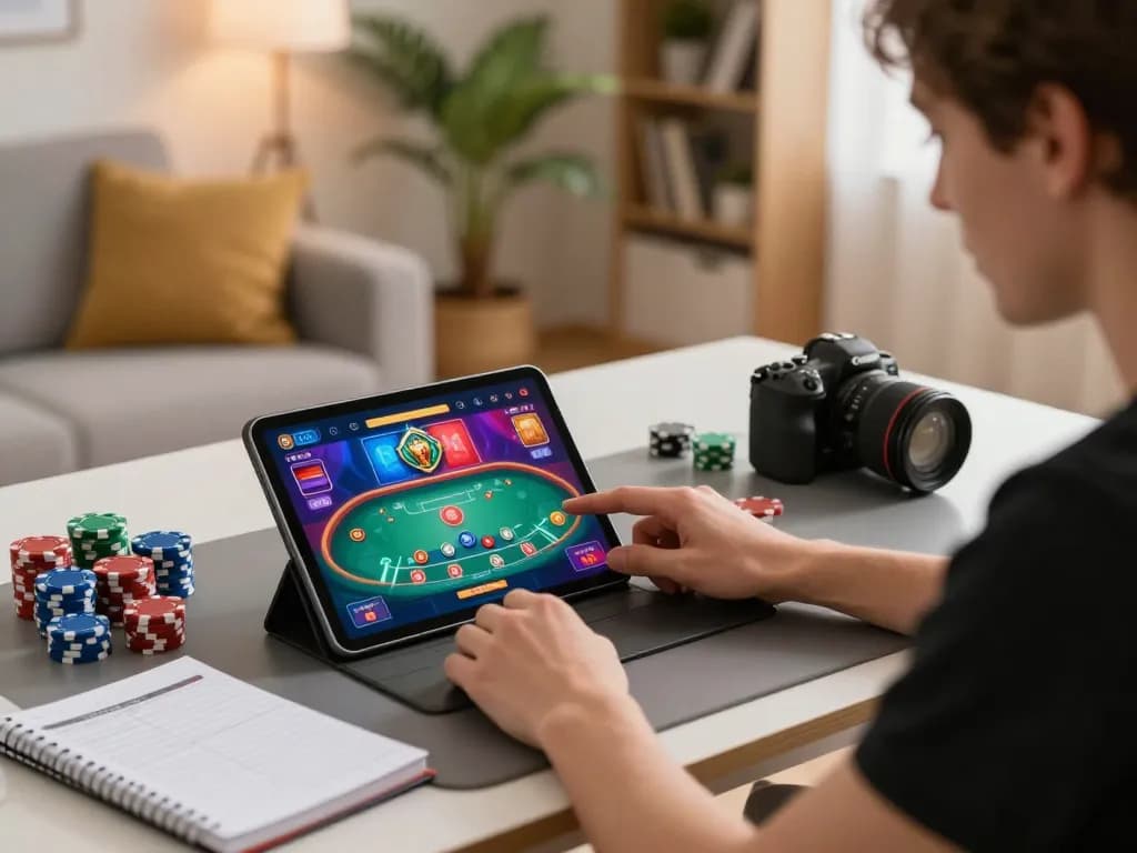 Engaged player using tablet for online gambling strategies with vb88 poker game interface