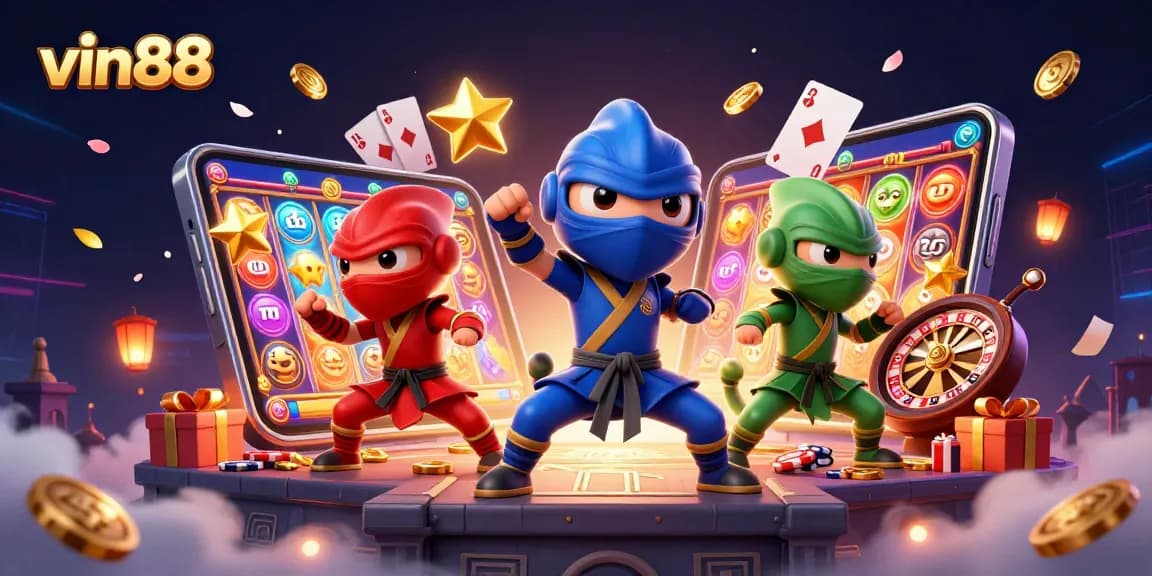 Experience thrilling gameplay at vin88 with a vibrant scene showcasing ninja chameleons and dynamic casino elements.