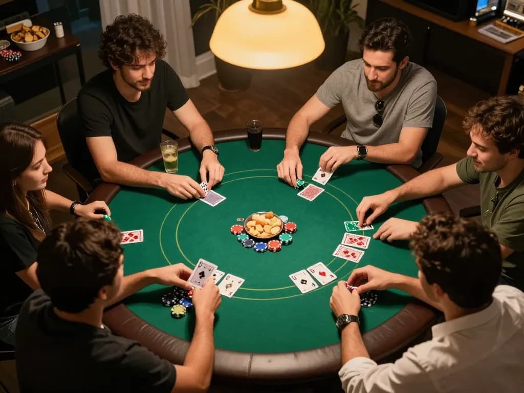 Enjoying a thrilling poker night with friends at ee88go, showcasing a vibrant game scene with strategic play.
