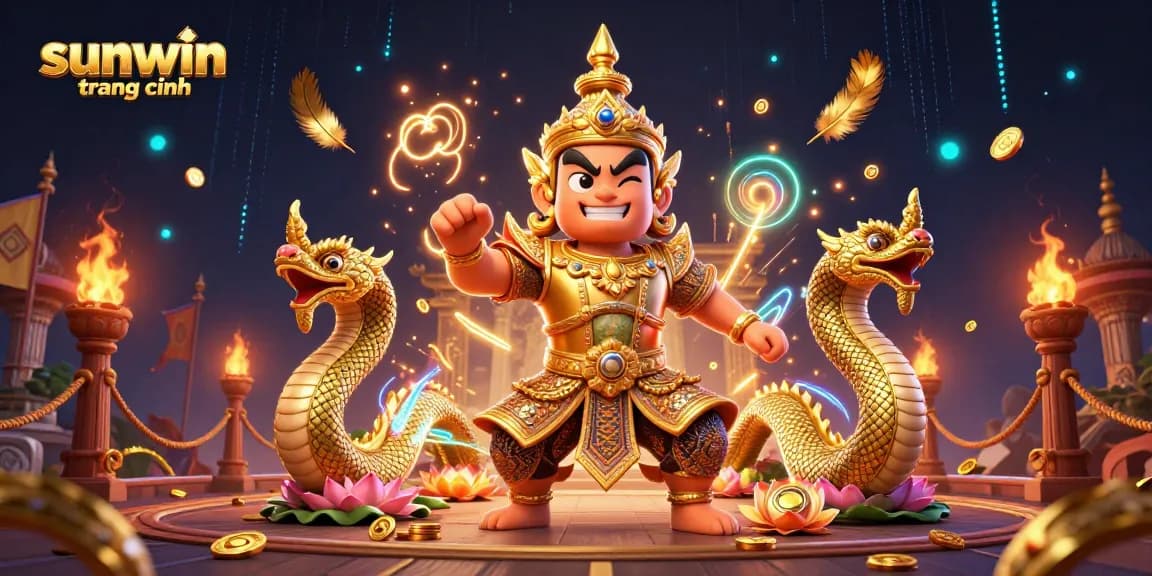 Spin to win exciting prizes at sunwin trang chính with vibrant 3D temple guardian artwork.