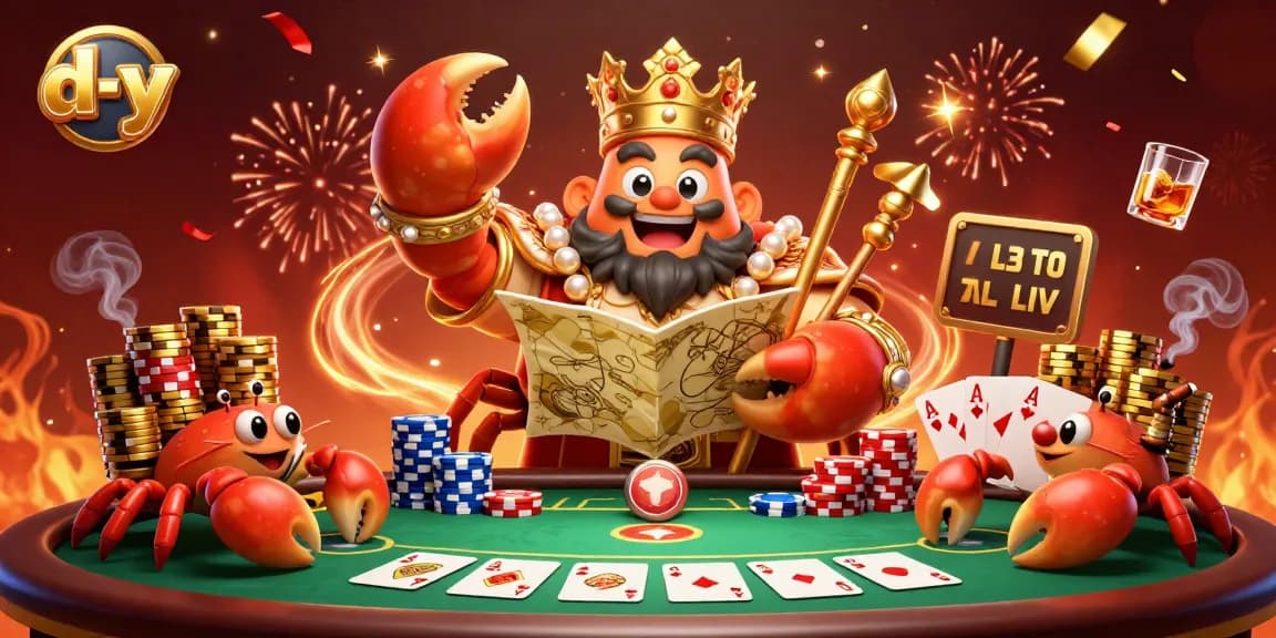 Engage in thrilling poker action at d-y with a golden crab emperor overseeing vibrant gameplay.