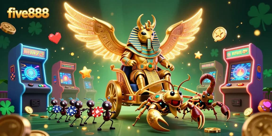 Experience thrilling gameplay as five888's colossal golden scarab beetle leads a dynamic casino adventure.