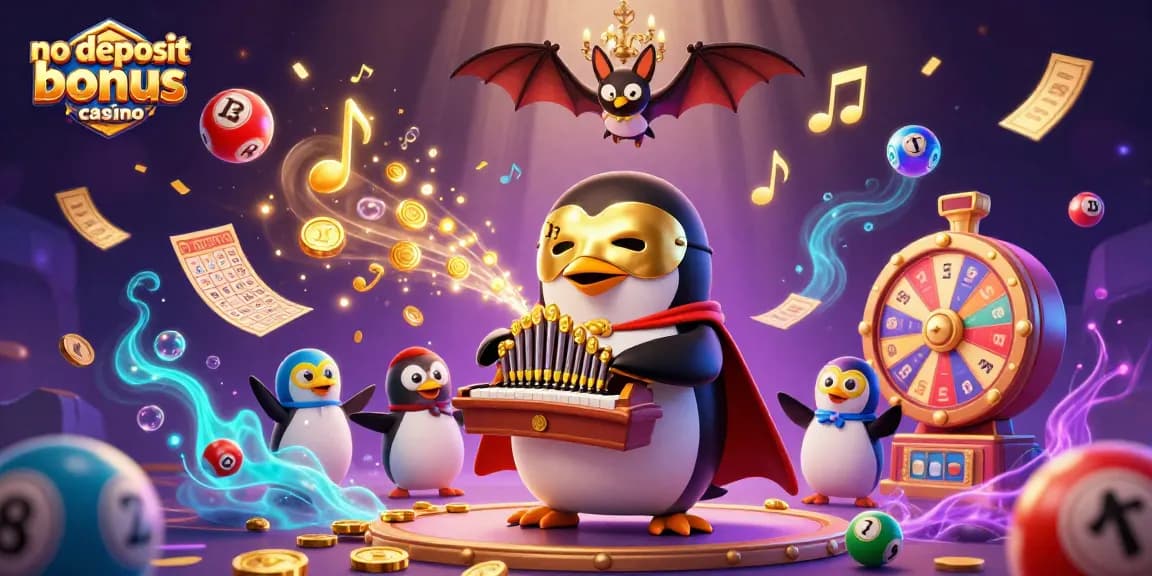 Experience the thrill of no deposit bonus casinos with a playful penguin and festive gaming elements!