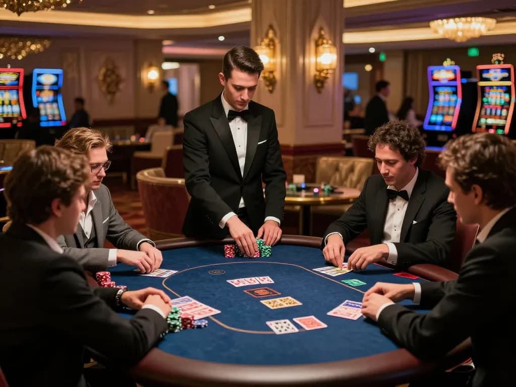 Players at a poker table in a luxurious casino gaming at 88vv, showcasing excitement and strategy.