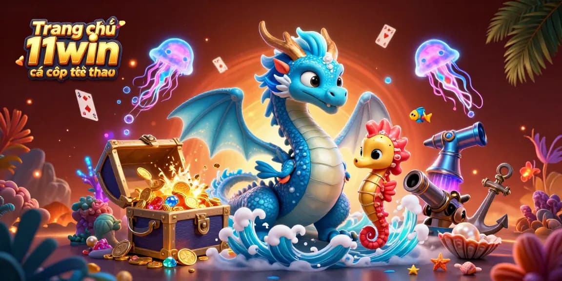Bet on sports with Trang chủ 11win cá cược thể thao featuring dynamic 3D aquatic characters and casino elements.