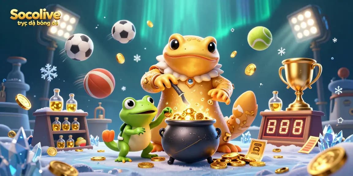 Socolive trực tiếp bóng đá showcases an energetic alchemist scene blending sports elements with gold.