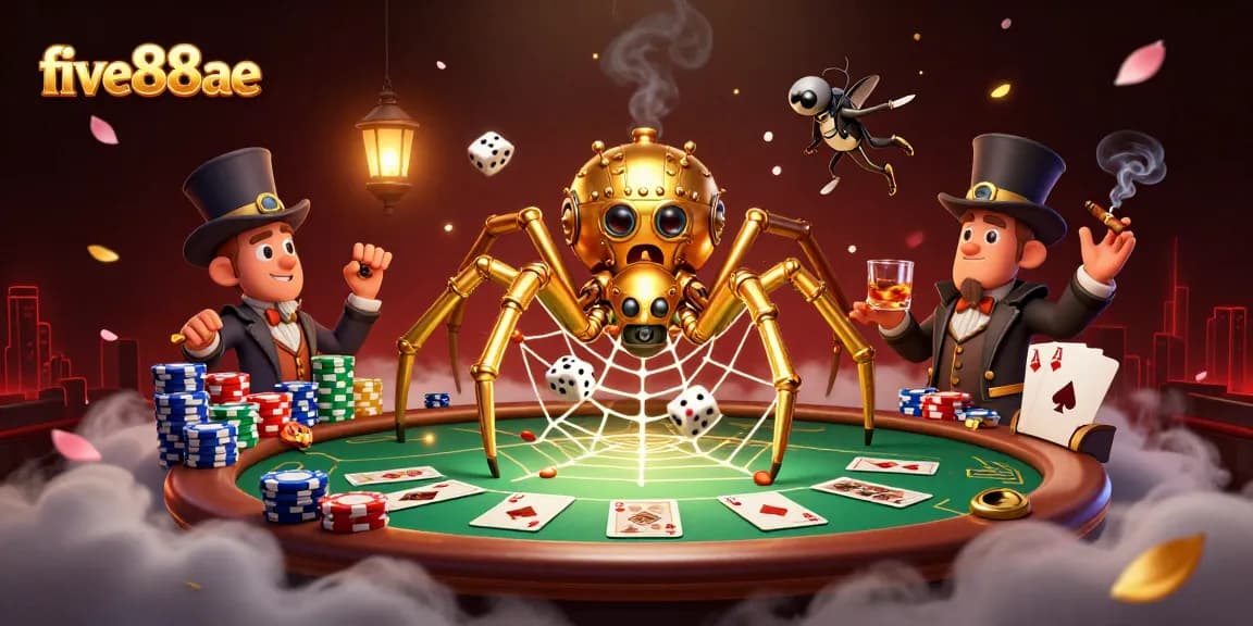 Engage with the five88ae gaming experience through a vibrant depiction of steampunk and poker elements.