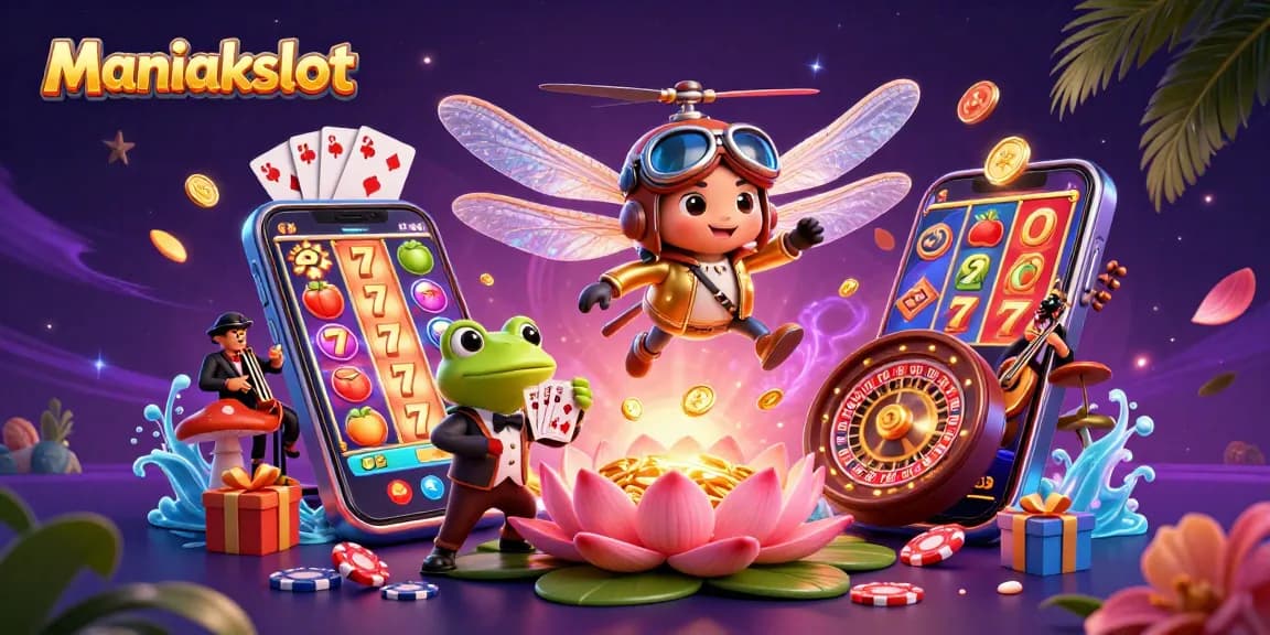 Experience thrilling action with Maniakslot as a dragonfly pilot and frog dealer engage in vibrant casino fun.