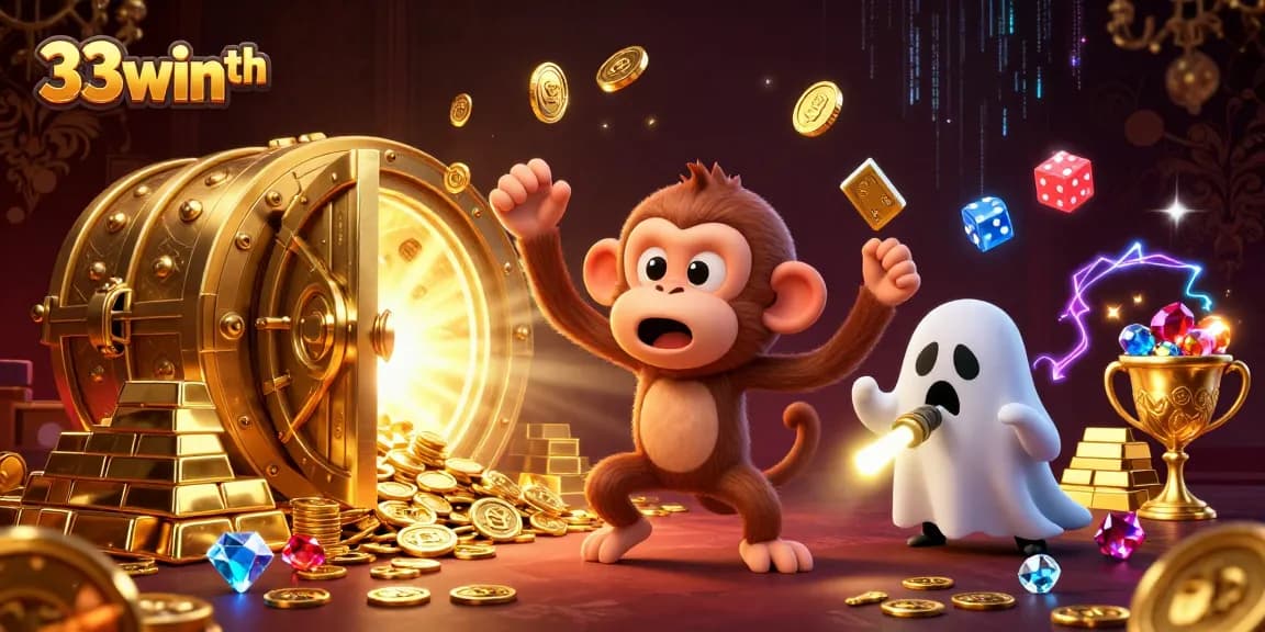 Experience thrilling wins with 33winth as the ghost-hunter puppy tracks a playful monkey in a vibrant casino.