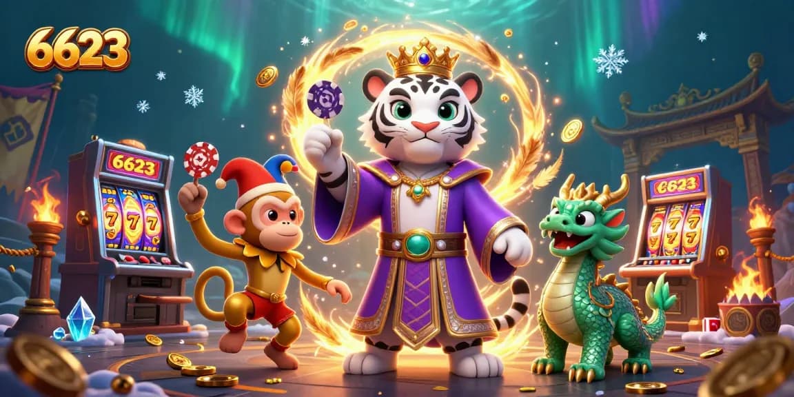 Experience thrilling slots and vibrant gaming at 6623 with a majestic tiger, monkey, and dragon