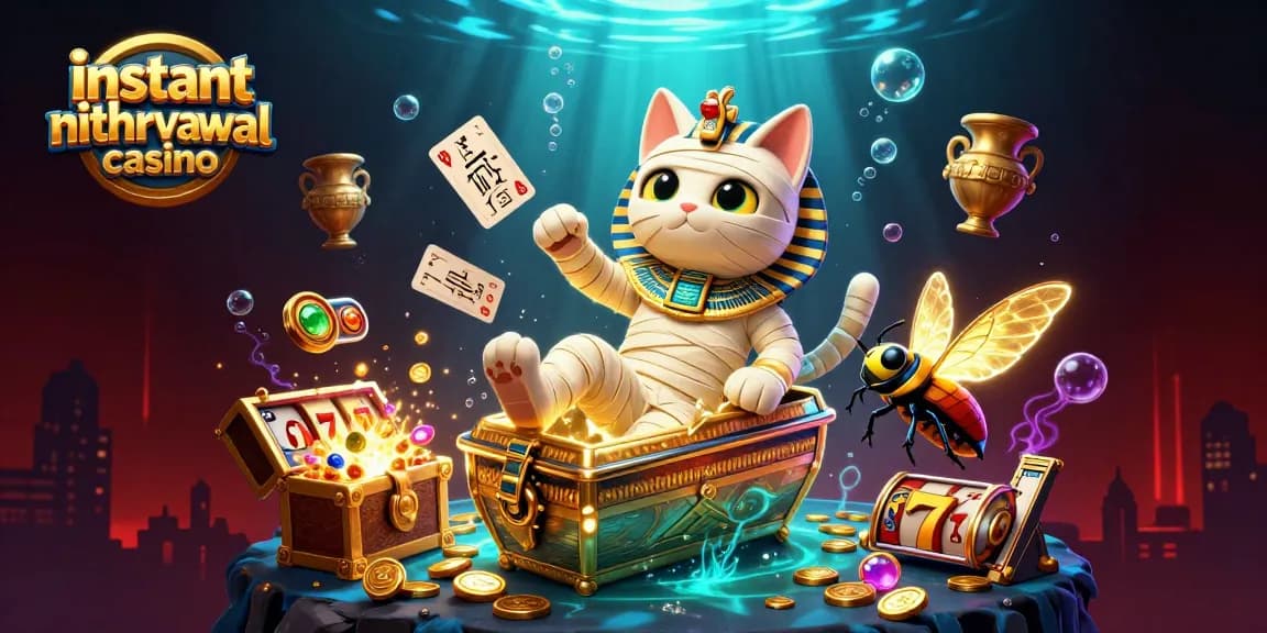 Engage with the instant withdrawal casino featuring a mummy cat and glowing elements in an exciting 3D scene.